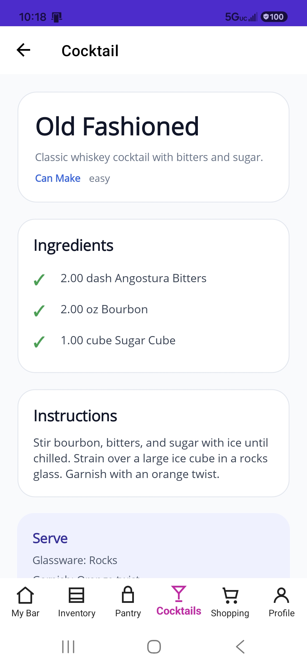 PourIQ cocktail detail screenshot