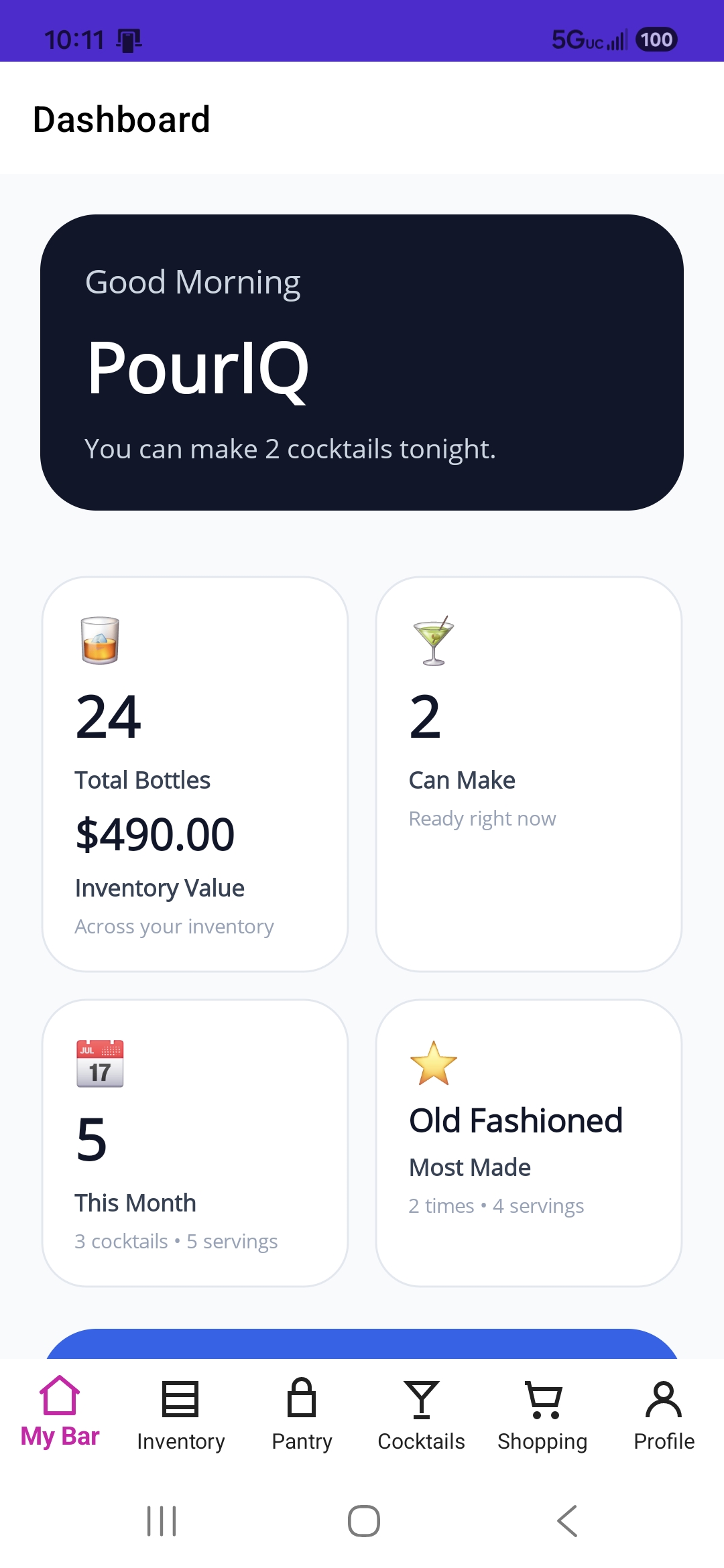 PourIQ dashboard showing home bar status