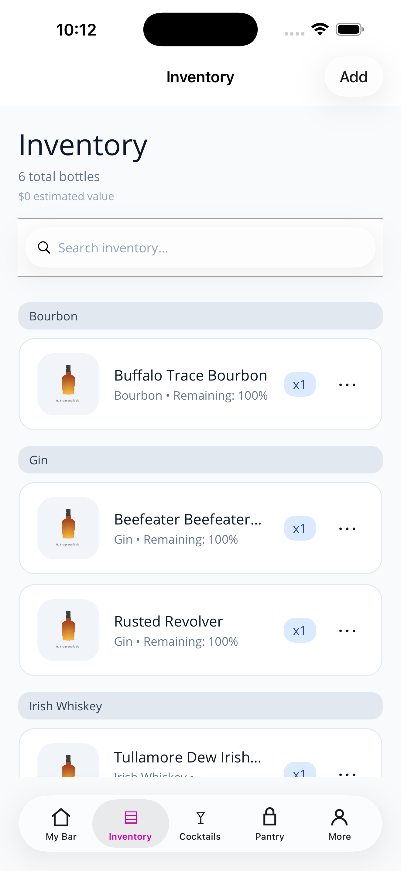 PourIQ bottle inventory on iPhone