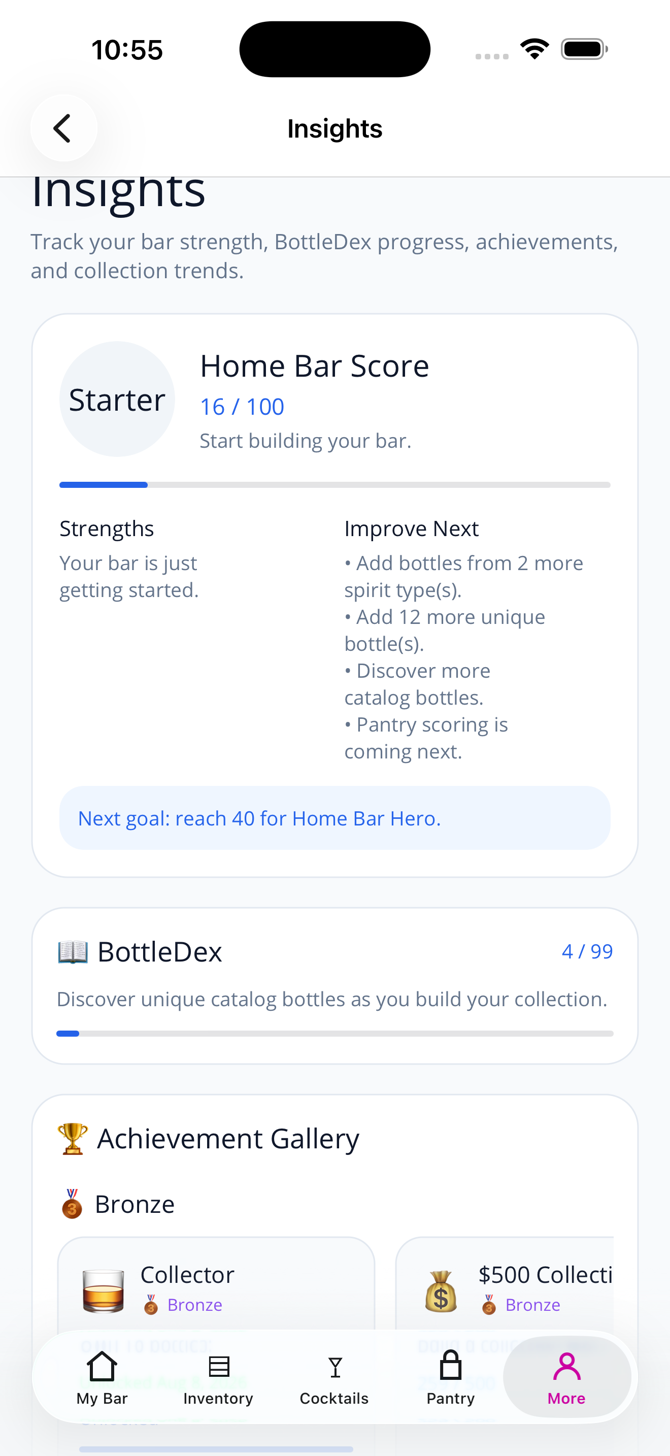 PourIQ home bar insights and achievements